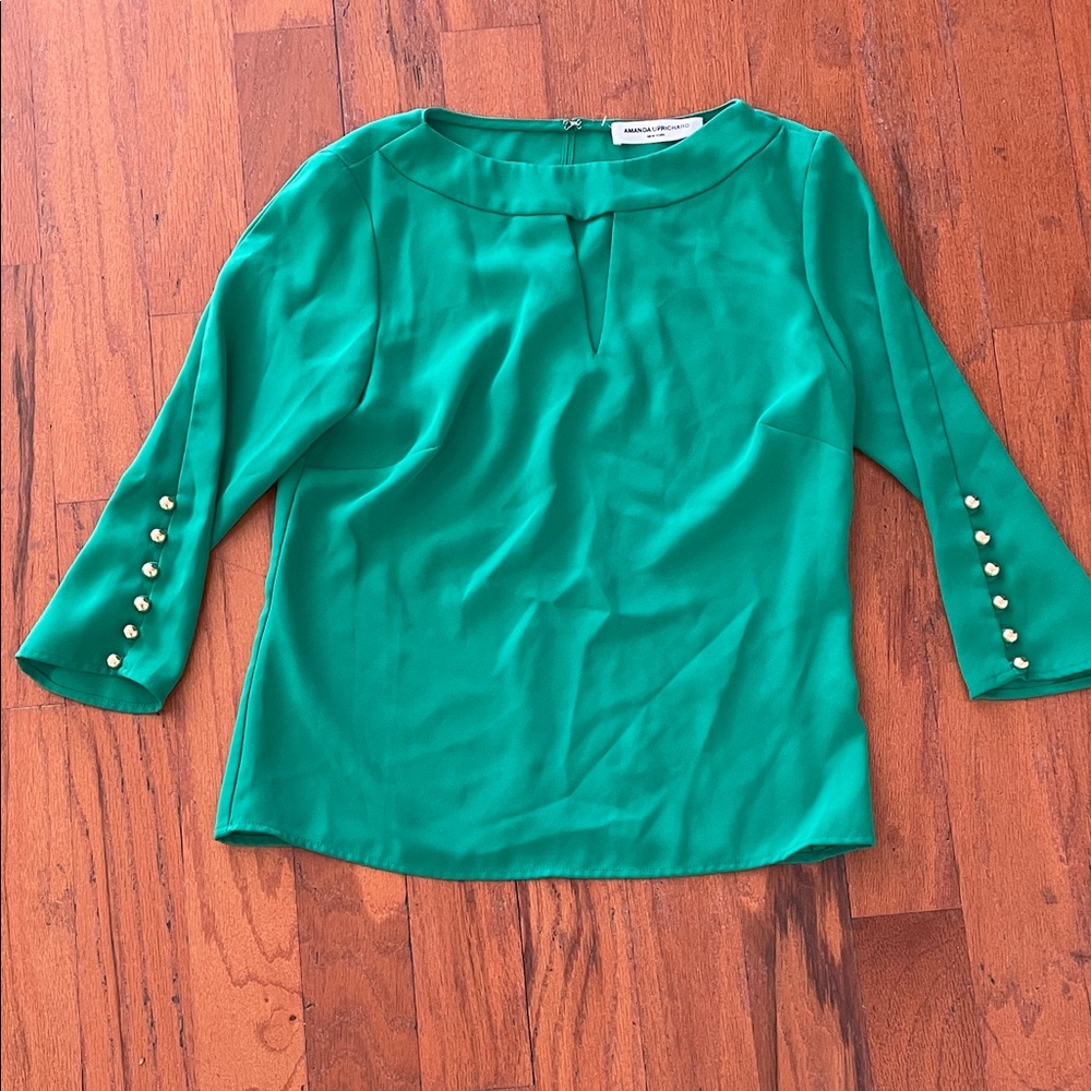 Amanda Uprichard Emerald Blouse with Pearl Button Sleeves
